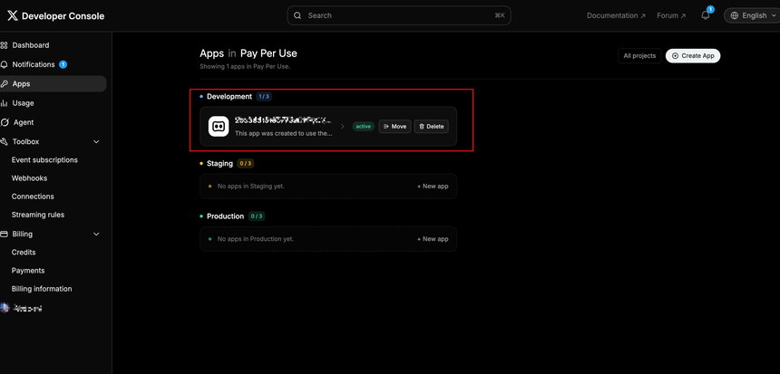 推特 Apps Development 页面